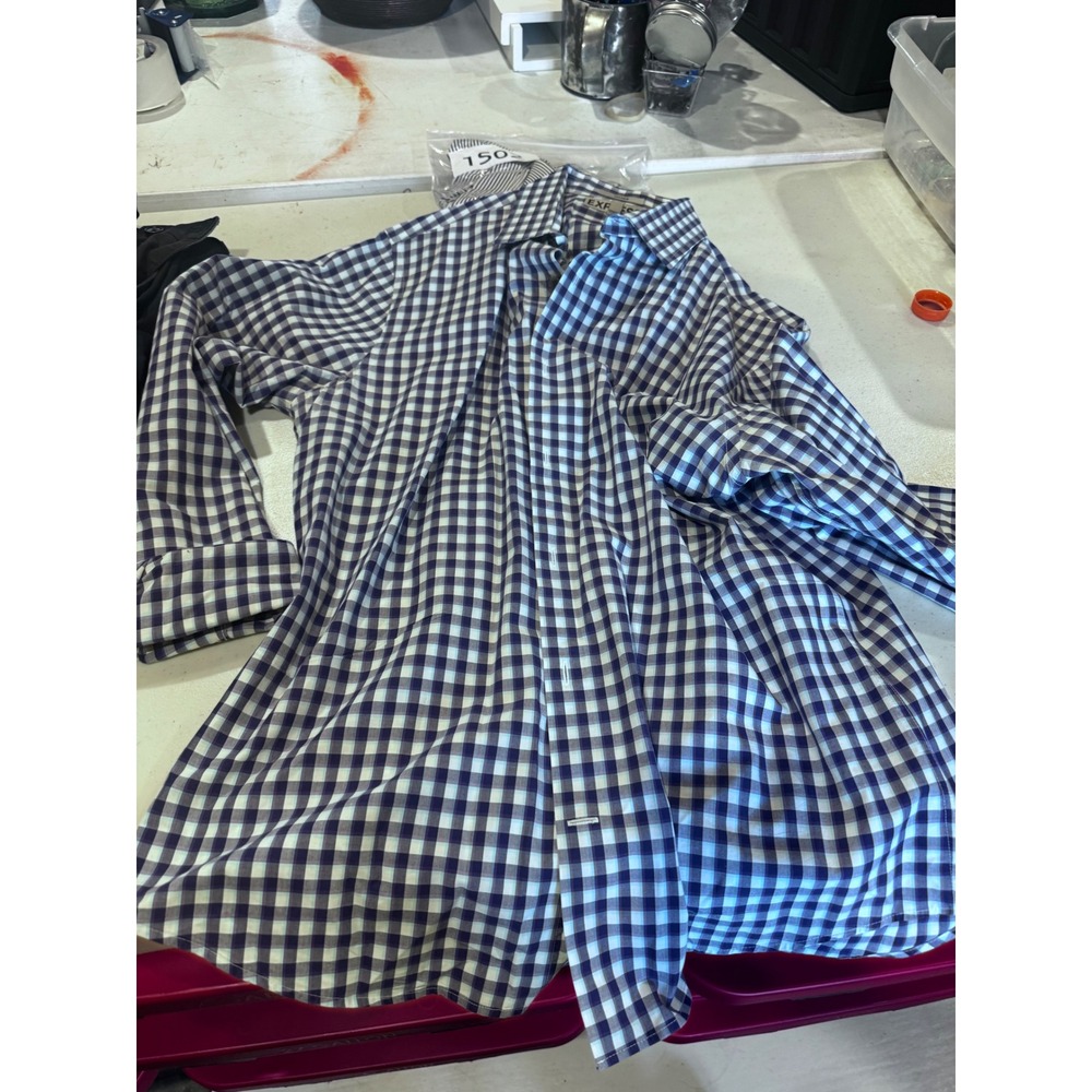Express Mens Fitted Gingham Button Down Shirt Purple Navy Blue Large 16-16.5